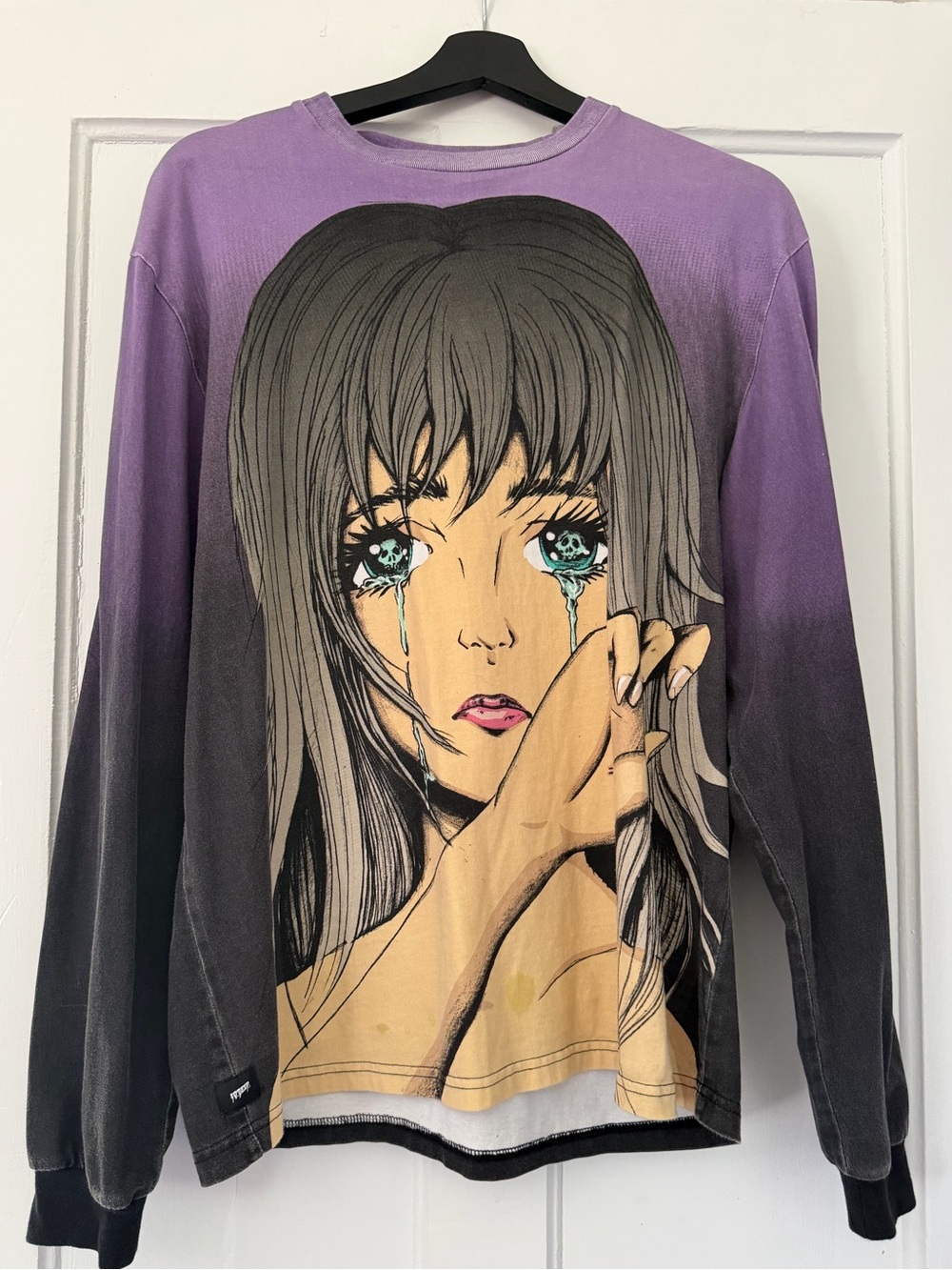 10.Deep Crying Anime Girl Long Sleeve Shirt Medium Purple Black Ombre Streetwear